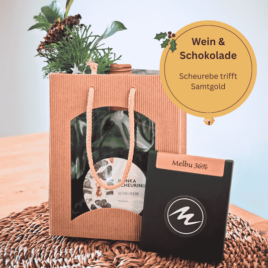 Weingeschenk "Wein & Schokolade" – Scheurebe & Samtgold