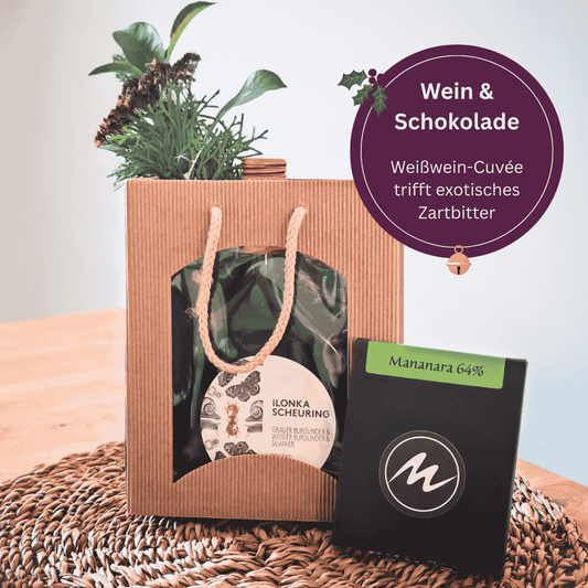 Weingeschenk "Wein & Schokolade" – Weißwein-Cuvée & exotisches Zartbitter